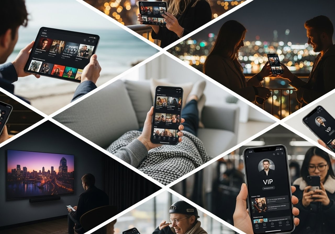 Clean collage of the EPIS app experience showcasing immersive vertical video and profile UI